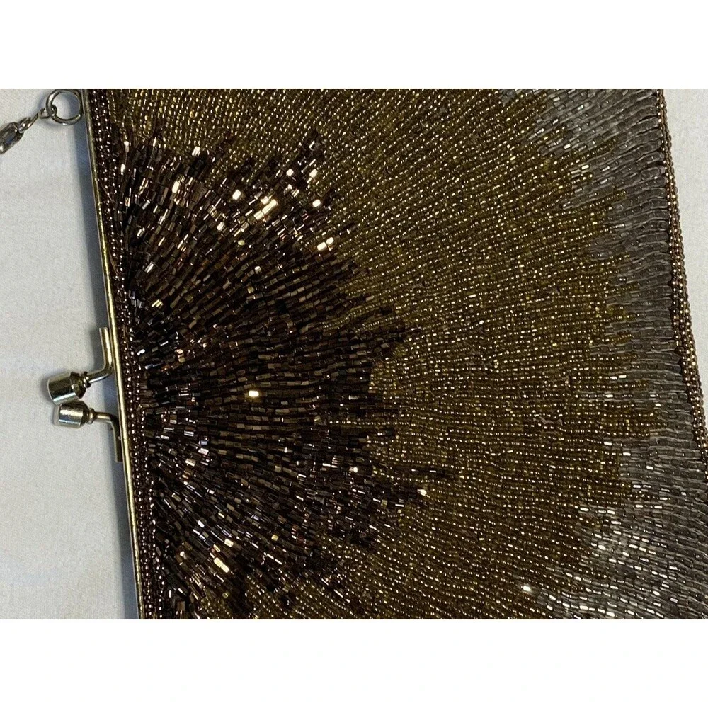 Silver, Bronze, Gold Beaded Party Purse w/Snap Kiss Closure Vintage